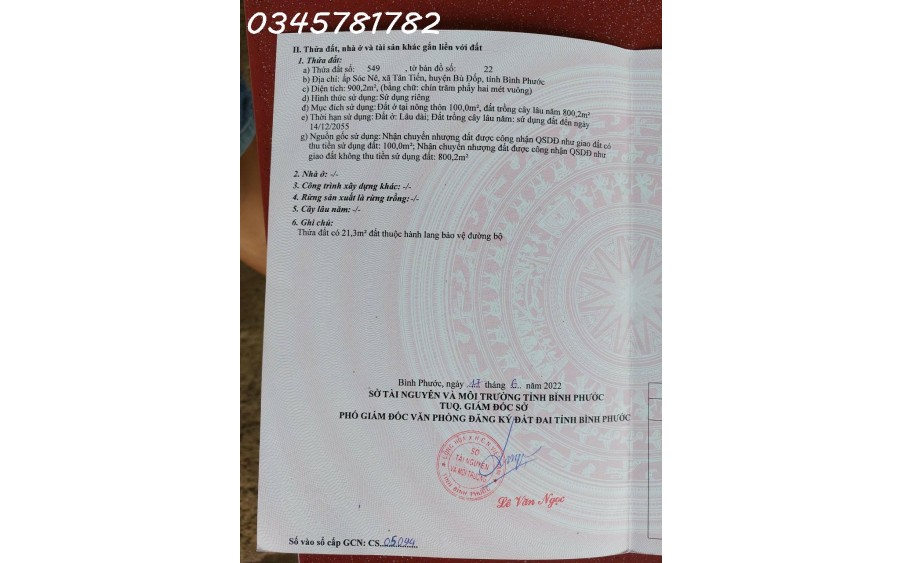 Chính chủ cần bán lô đất ấp Sóc Nê, xã Tân Tiến, huyện Bù Đốp, tỉnh Bình Phước