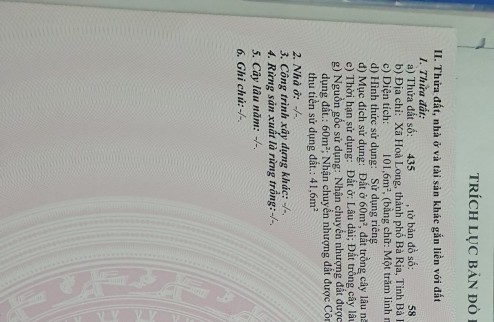 Bán lô đất khu dân cư Hoà Long( hương lộ 2) Tp Bà Rịa. Hướng Đông Nam(DT: 7× 15 ) thổ cư, xây dựng tự do