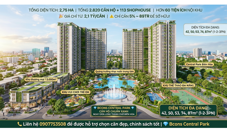 Thanh toán 89 tr là sở hữu Căn hộ chuẩn xanh ngay TT TP Biên Hòa,65m2,2 pn,2 wc, LH: 0907753508
